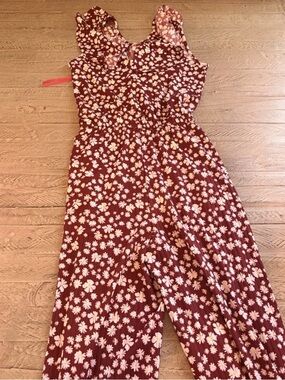 Justice Burgundy Floral Jumpsuit with Cream Blooms
